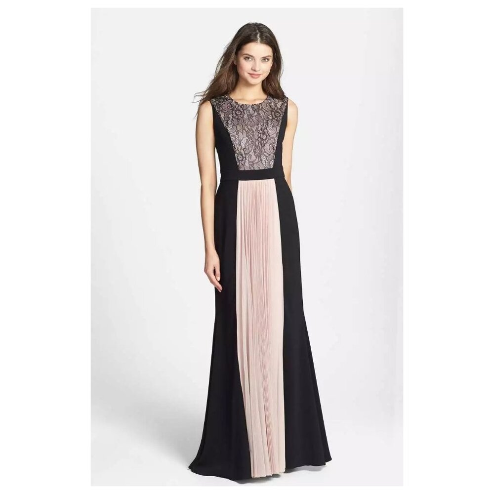Elegant Black and Blush Lace Panel Evening Gown